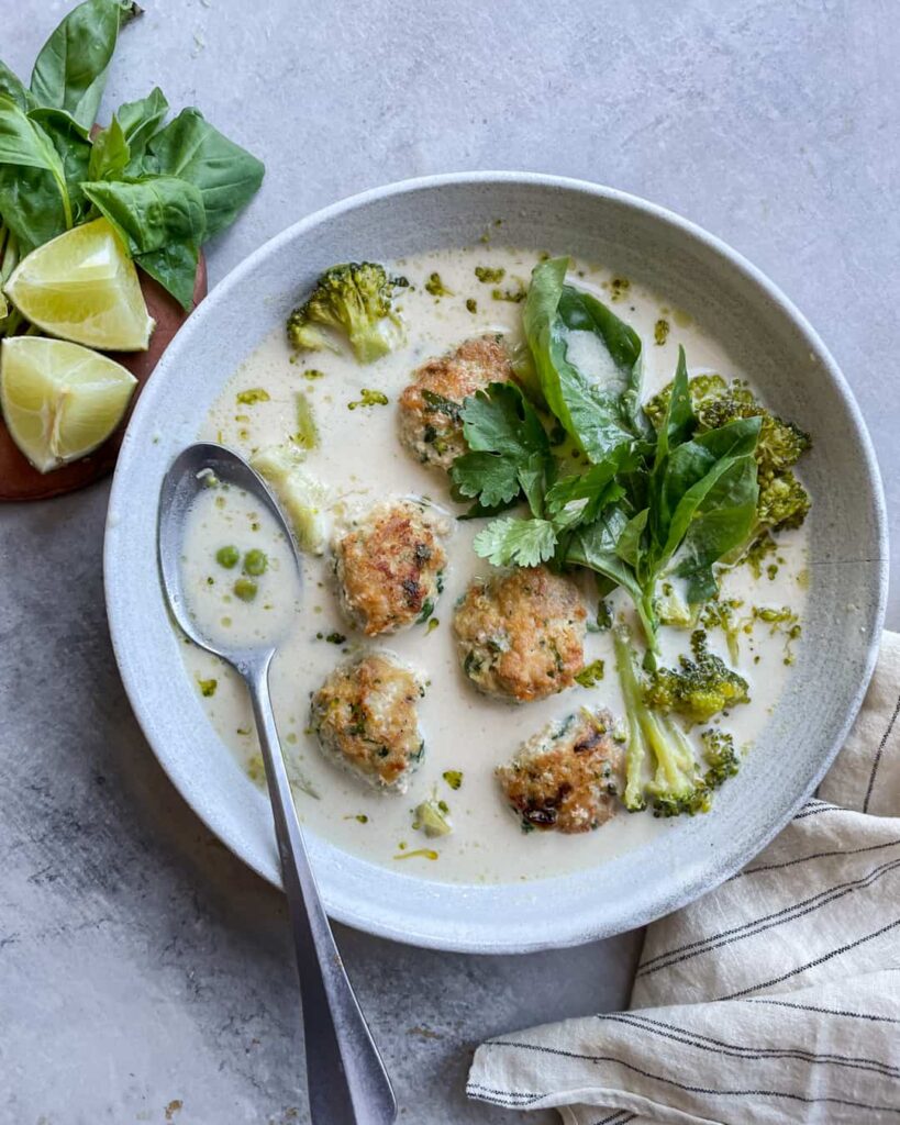 Green Coconut Curry Soup with Ginger Scallion Chicken Meatballs