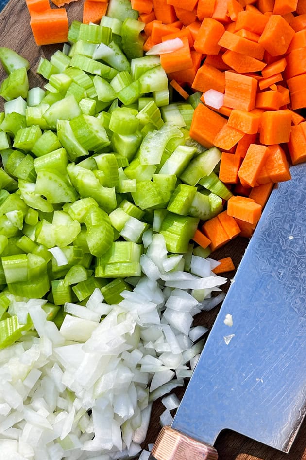 diced mirepoix with carrot, celery and onion